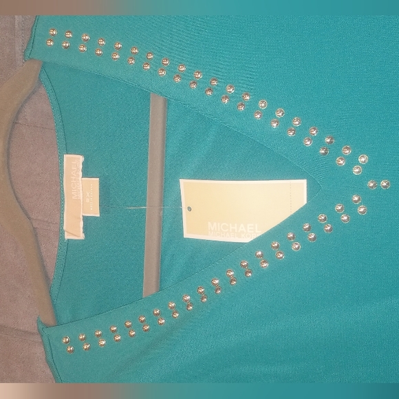 NWT Michael Kors Gold Stuffed V Neck blouse 2X Color Blue/Green - Picture 3 of 4